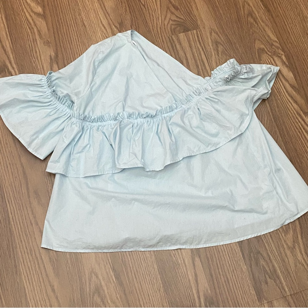 Topshop Ruffle One Shoulder  Women Blouse Size 10 Light Blue Cotton Bell Sleeve